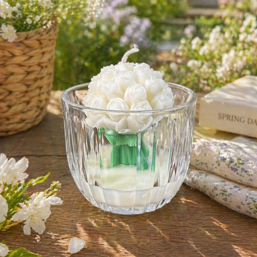 Glass Jar Striped Candle - White Bouquet 200g